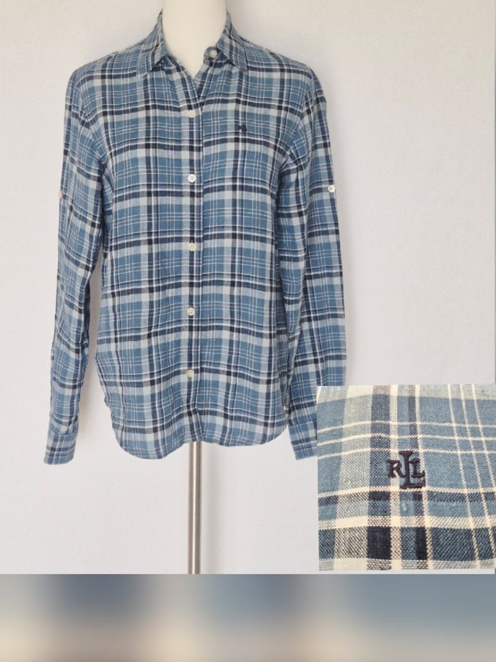 Vintage Lauren Ralph Lauren 100% Linen Blue Plaid Button-Up Shirt Long Sleeve